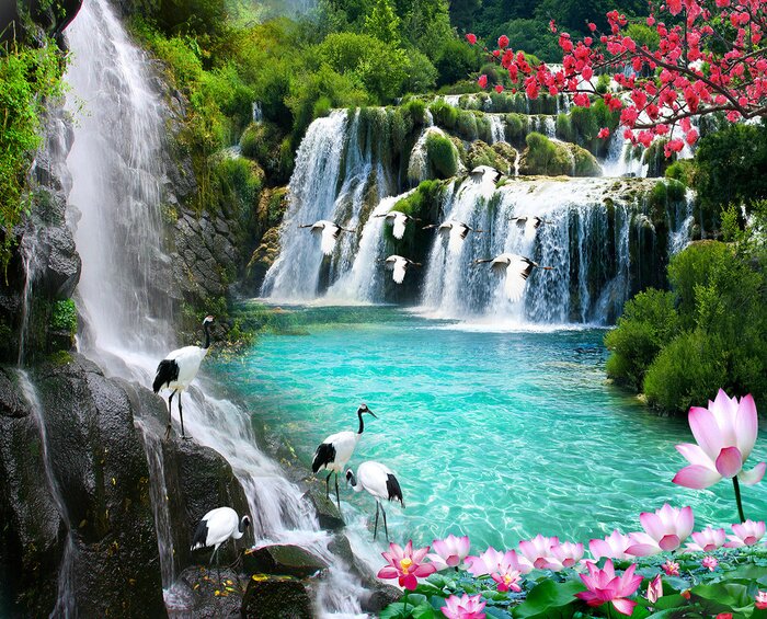 Canvas 3d waterval en vogels