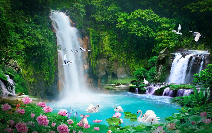 Canvas 3D waterval en zwanen