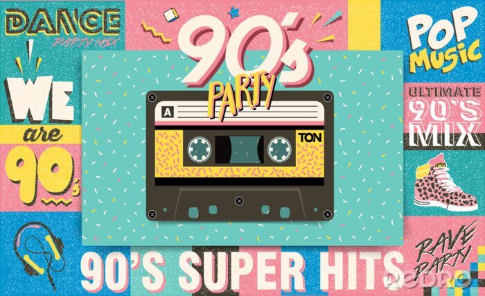 Canvas 90's muziekmix. Trendy. Retro-stijl ontwerp club. 90's party, 90s fashion, 90s background, 90's and 80's graphic, jaren 90 stijl, popmuziekfeest 1990, vintage night. Gemakkelijk bewerkbaar Memphis pos