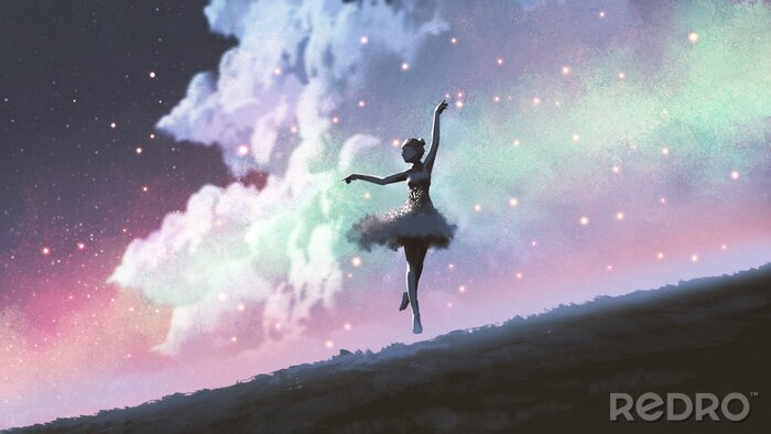 Canvas a ballerina dancing with fireflies on the hill against the night sky, digital art style, illustration painting