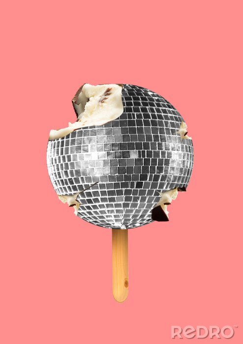 Canvas A musicial icecream. A silver disco ball as a sweets filled with cream and covered with chocolate on wooden stick on coral background. An alternative food. Modern design. Contemporary art collage.
