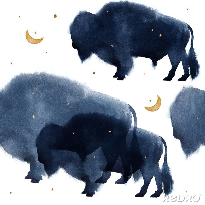 Canvas A seamless pattern with watercolor realistic bison silhouette on white background