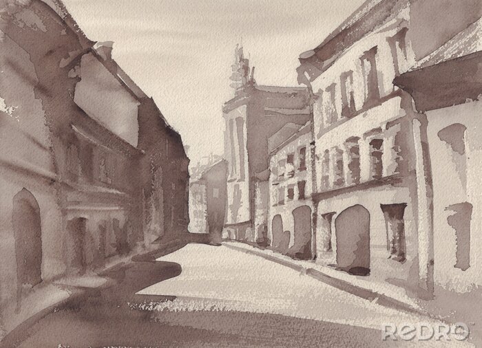 Canvas A sketch of city street, sepia color. Watercolor style