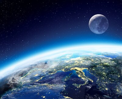 Canvas Aarde en de maan bekeken vanuit de ruimte 's nachts - Europe
