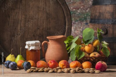 Canvas Abrikozenjam, vers fruit en een houten vat