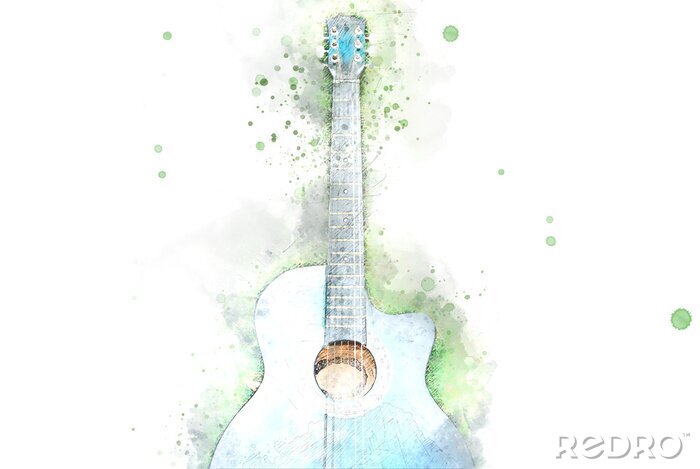 Canvas Abstract acoustic guitar on green grass on watercolor illustration painting background.
