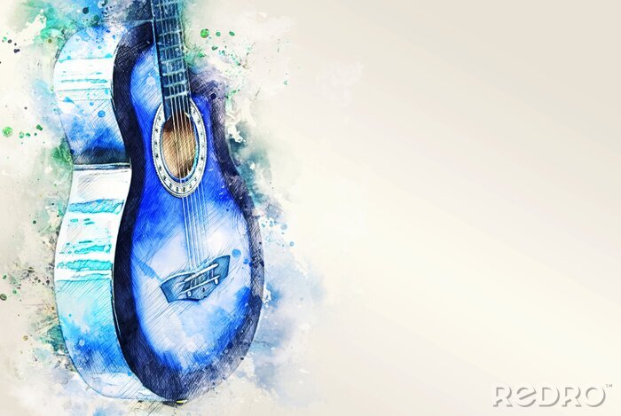 Canvas Abstract acoustic guitar on watercolor illustration painting background.