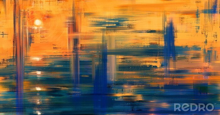Canvas Abstract art landscape painting, background illustration. Sunset artwork on canvas in 4K size. Oil painted fine art. Yellow hand drawn wall art with water reflection
