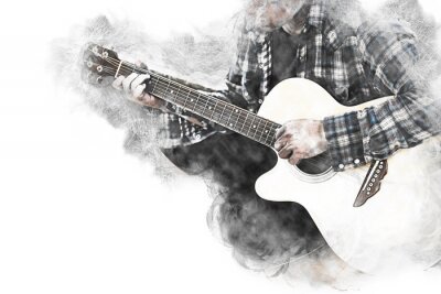 Canvas Abstract beautiful man guitarist playing acoustic guitar in the foreground on Watercolor painting background and Digital illustration brush to art.