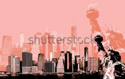 Canvas Abstract beeld van Manhattan. Symbolen van New York. Skyline van Manhattan en het Vrijheidsbeeld NYC. Hedendaagse kunst en posterstijl in oranje
