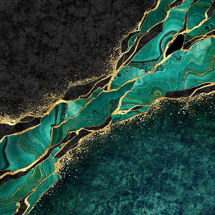 Canvas abstract black marble green malachite background with golden veins, japanese kintsugi technique, fake painted artificial stone texture, marbled surface, digital marbling illustration