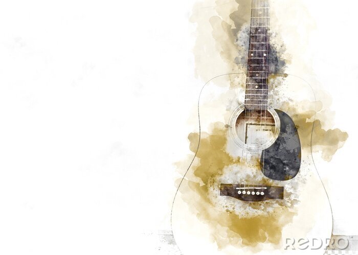Canvas Abstract colorful Acoustic Guitar in the foreground on Watercolor illustration painting background.