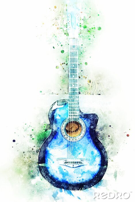 Canvas Abstract colorful blue shape on acoustic guitar in the foreground Close up on Watercolor illustration painting background.