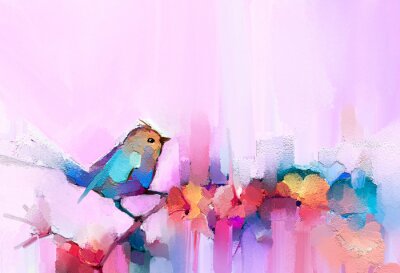 Canvas Abstract colorful oil, acrylic painting of bird and spring flower. Modern art paintings brush stroke on canvas. Illustration oil painting, animal and floral for background.