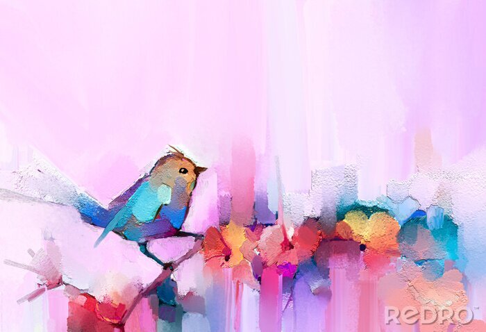 Canvas Abstract colorful oil, acrylic painting of bird and spring flower. Modern art paintings brush stroke on canvas. Illustration oil painting, animal and floral for background.