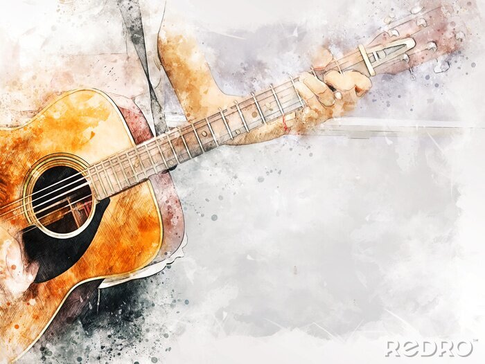 Canvas Abstract colorful shape on acoustic Guitar in the foreground on Watercolor painting background and Digital illustration brush to art.
