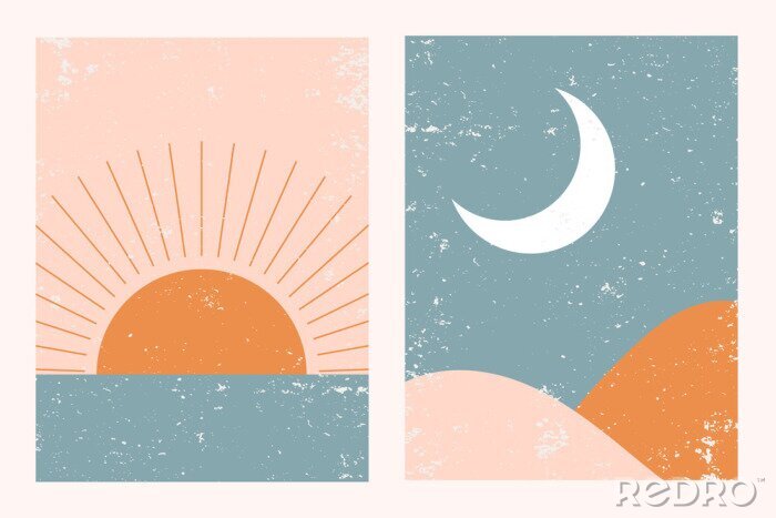 Canvas Abstract contemporary aesthetic background landscape set with Sun, Moon, sea, mountains. Earth tones, pastel colors. Boho wall decor. Mid century modern minimalist art print. Flat abstract design.