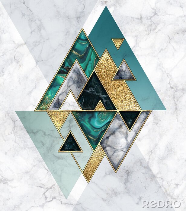 Canvas abstract geometric background, modern marble mosaic inlay, malachite green triangles, black white stone textures, golden foil. Fashion marbling illustration, art deco wallpaper
