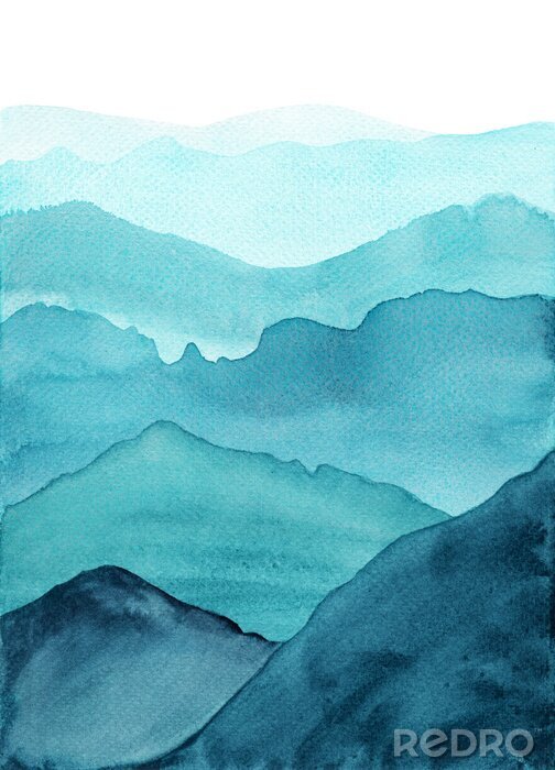 Canvas abstract indigo blue watercolor waves mountains on white background