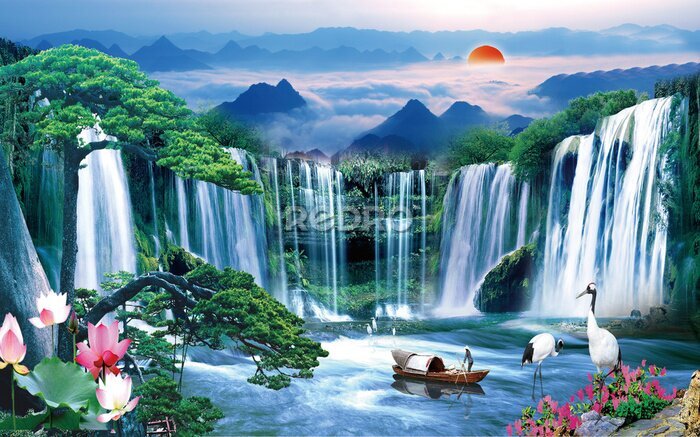 Canvas Abstract landschap waterval tegen een bergachtergrond