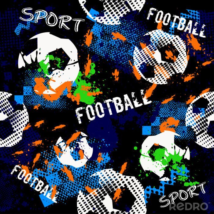 Canvas Abstract naadloos patroon voor jongens. Voetbalpatroon. Grunge stedelijk patroon met voetbalbal. Sportbehang op zwarte achtergrond met veelkleurige vlekken. Herhaalde sportpatroon.