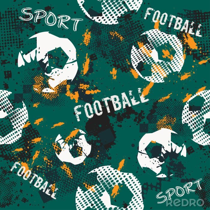 Canvas Abstract naadloos patroon voor jongens. Voetbalpatroon. Grunge stedelijk patroon met voetbalbal. Sportbehang op zwarte achtergrond met veelkleurige vlekken. Herhaalde sportpatroon.