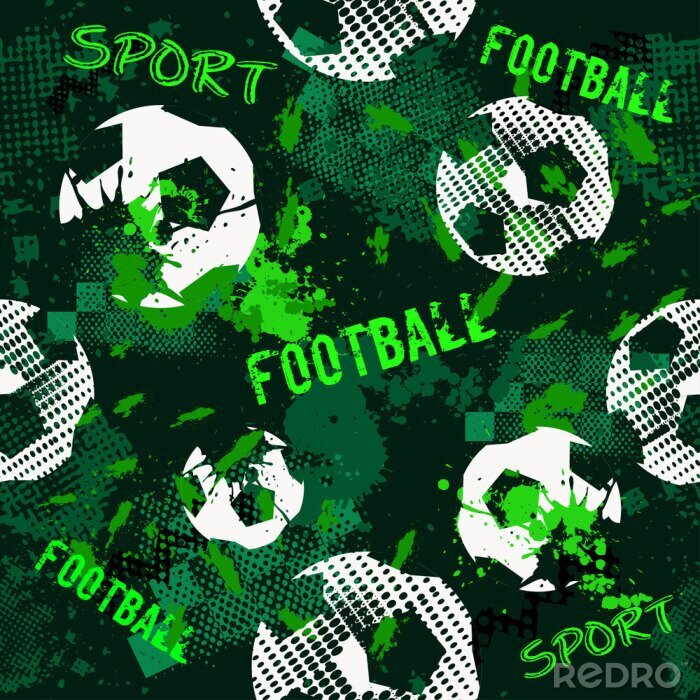 Canvas Abstract naadloos voetbalpatroon voor jongens. Sport voetbal patroon. De sport stedelijke achtergrond van Grunge met voetbalbal. Sportbehang op zwarte achtergrond met veelkleurige vlekken. Herhaald pa