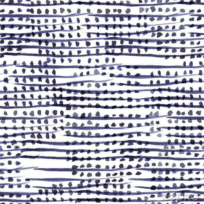 Canvas Abstract navy blue stripes and dots. Seamless watercolor pattern
