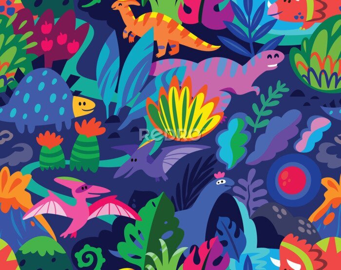 Canvas Abstract patroon met dinosaurussen en kleurrijke planten