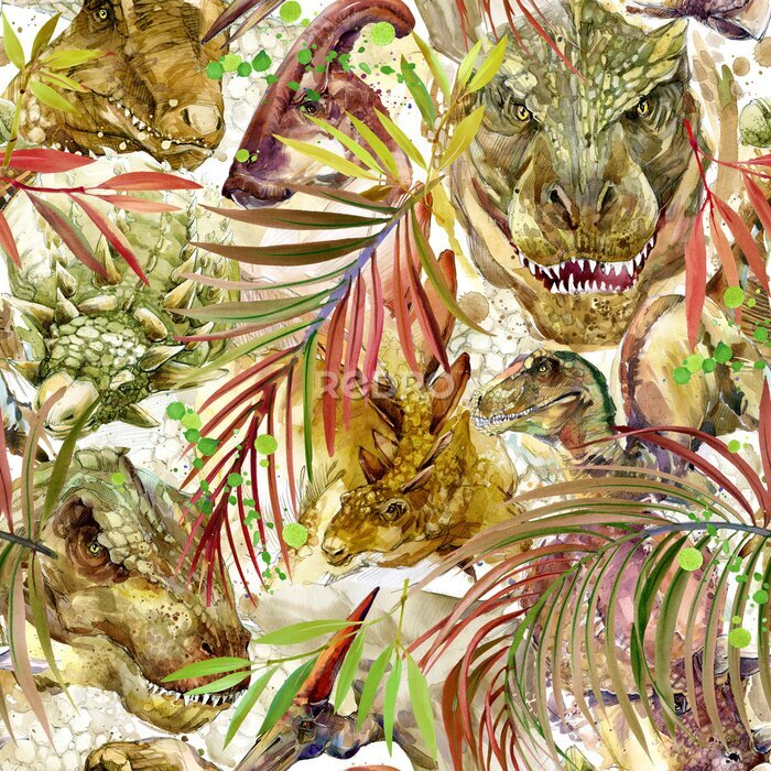 Canvas Abstract patroon met dinosaurussen tussen bladeren