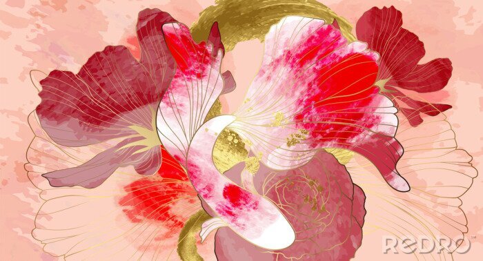 Canvas Abstract patroon met koi vissen op een florale achtergrond