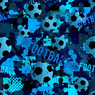 Behang Abstract seamless football pattern for boys. Sport football pattern. Grunge sport urban backdrop with football ball. Sport wallpaper on black background with multicolor spots. Repeated pattern.