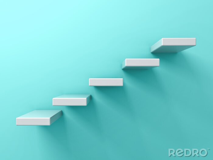 Canvas Abstract white stairs or five steps  business concept on blue green pastel color wall background with shadow 3D rendering