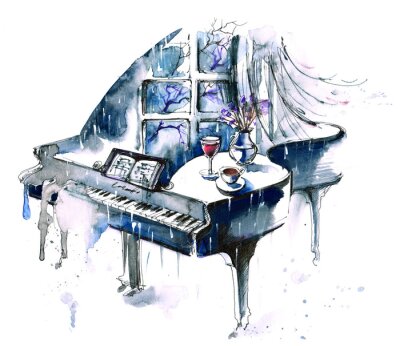 Abstracte blauwe piano op een witte achtergrond