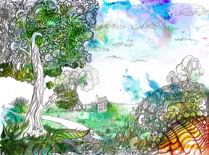 Canvas Abstracte boom op het platteland