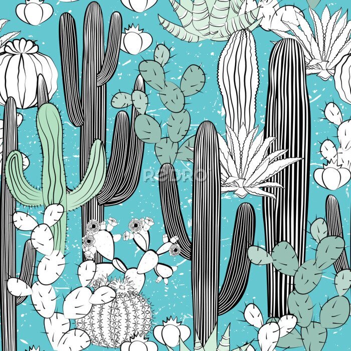Canvas Abstracte cactussen op blauwe achtergrond