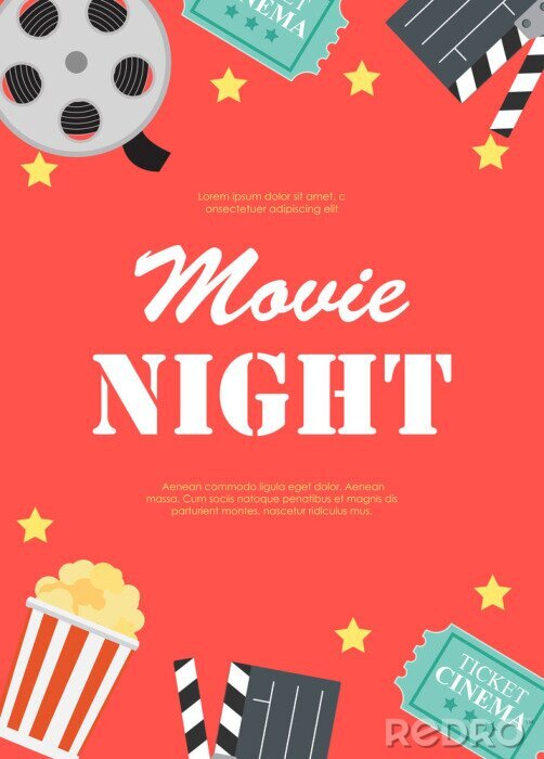 Canvas Abstracte film nacht bioscoop platte achtergrond met Reel, oude stijl Ticket, grote pop maïs en klepel symbool pictogrammen. Vector illustratie