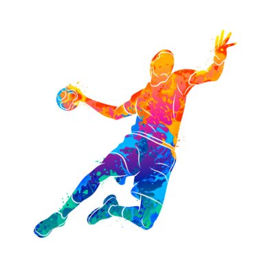 Canvas Abstracte handbalspeler die met de bal van plons van waterverf springt