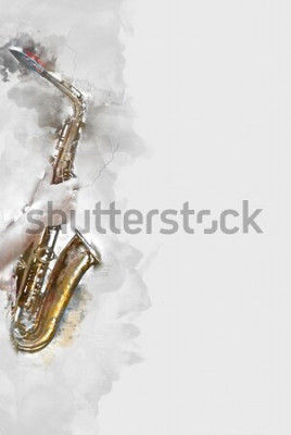 Canvas Abstracte saxofoon op de voorgrond. Sluit omhoog, Waterverfverfjazz die de saxofoon spelen.