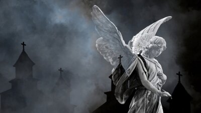 Canvas Abstractie van een engel als vrouwelijk silhouet met een kerk als achtergrond