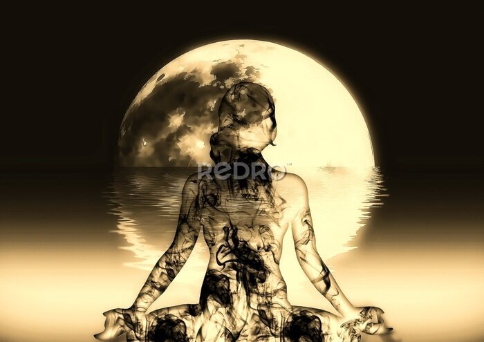 Canvas Abstractie van een mediterende vrouw in het maanlicht