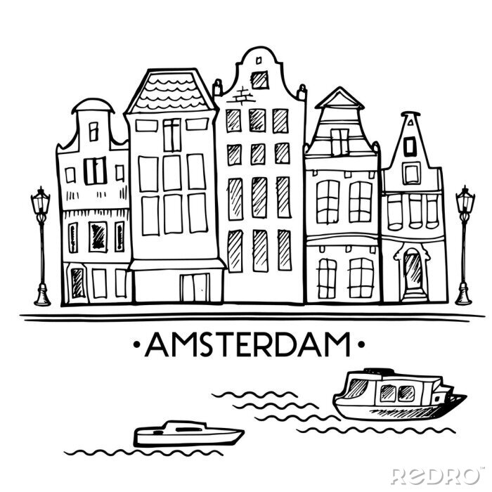 Canvas Achtergrond met de hand getekende doodle Amsterdam huizen. Geïsoleerd zwart en wit. Illustratie vector.