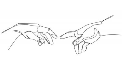 Canvas Adam and God hands one line drawing on white isolated background