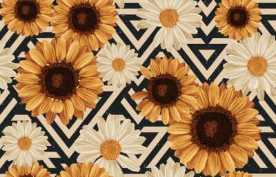 Afdrukbare naadloze vintage herfst herhalen patroon achtergrond met madeliefjes en zonnebloemen. Botanisch behang, rasterillustratie in super Hoge resolutie.