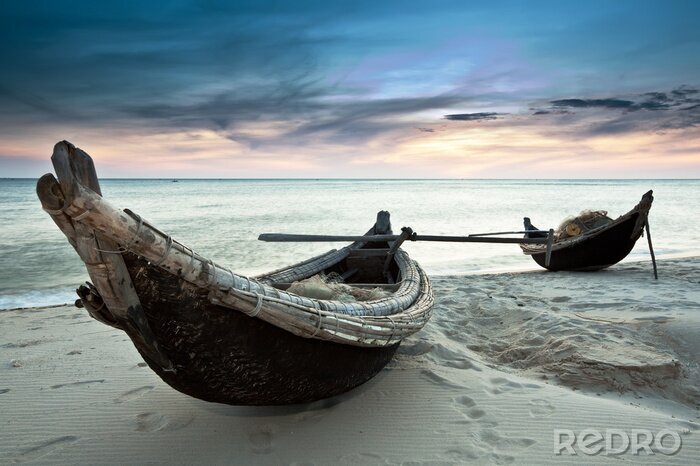 Canvas Afgemeerde boten op het strand