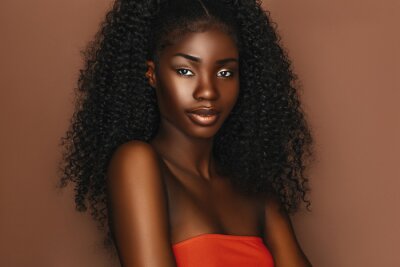 Canvas African beautiful woman portrait. Brunette curly haired young model with dark skin and perfect smile