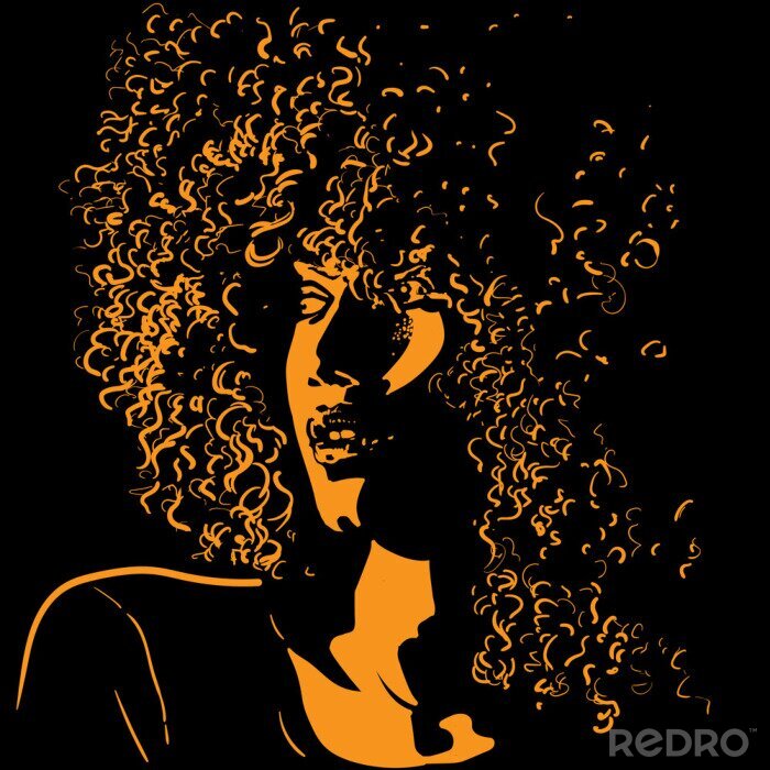 Canvas African pretty woman with afro hair style portrait silhouette in contrast backlight. Vector.