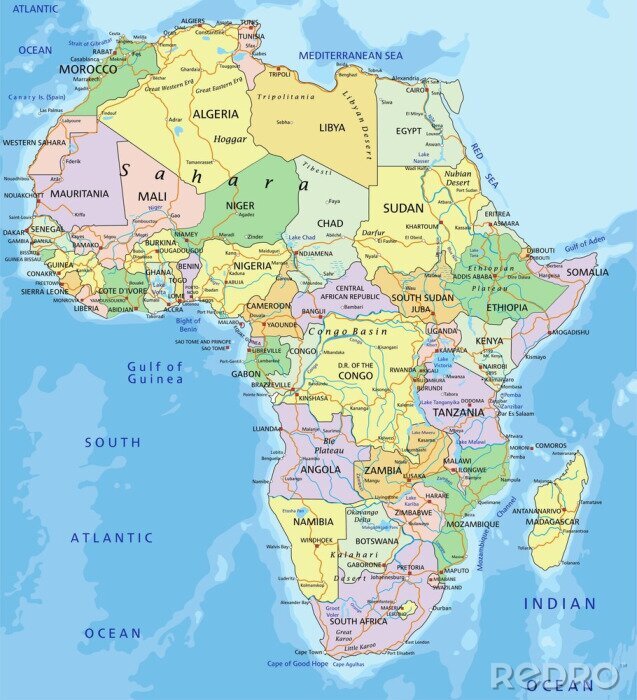 Canvas Afrika - Zeer gedetailleerde bewerkbare politieke kaart.