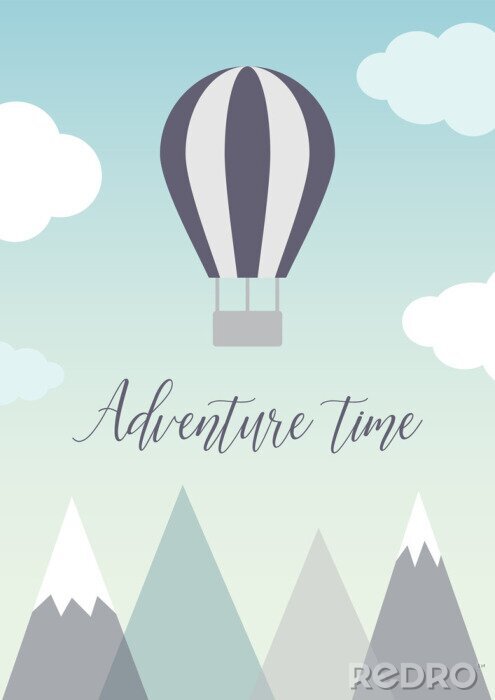 Canvas Air balloon and clouds in the sky over mountains. Scandinavian poster adventure time