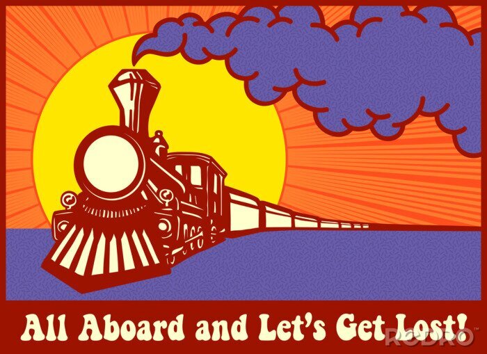 Canvas All aboard and let's get lost! Retro puffing steam train engine at sunset, express train